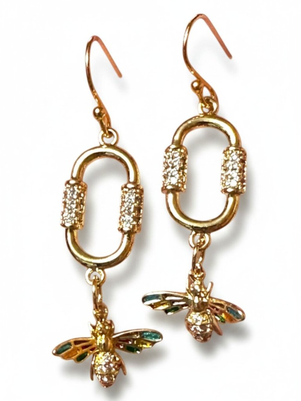 Gold Filled Bee Earrings Paperclip CZ Enamel Dangle Handmade 18KT - Picture 4 of 13